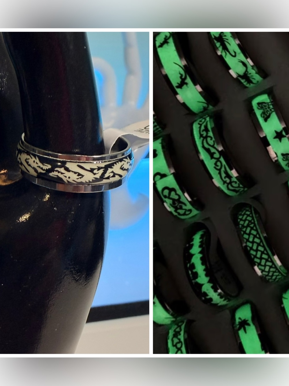 Glow-in-the-dark Inlay Unisex Stainless Steel Ring with Abstract Dragon Design
